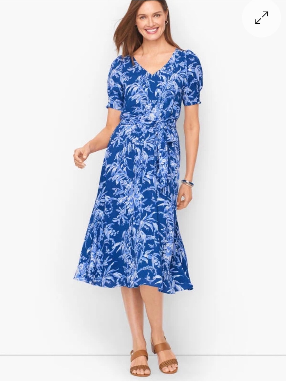 Talbots Blue Etched Toile Belted Smocked Fit and Flare Dress